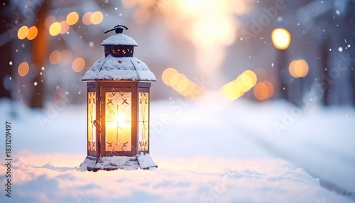 Winter scene featuring a lantern illuminated by candlelight in snowy landscape