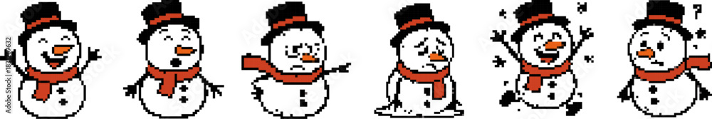 Fototapeta premium Pixel Snowmen Displaying Various Emotions Isolated on White Background