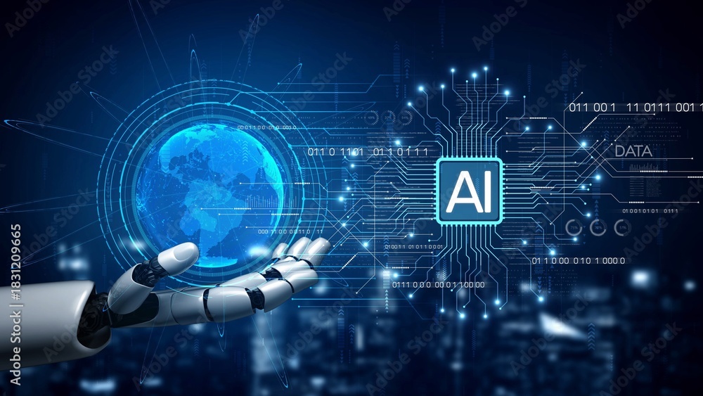 Obraz premium AI Assistant Brain Processor with LLM Technology, Big Data, Machine Learning, Generative AI for Business Support, Future Agentic AI Technology and Artificial Intelligence Prompt Engineering. Muxer