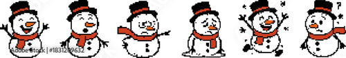 Pixel Snowmen Displaying Various Emotions Isolated on White Background