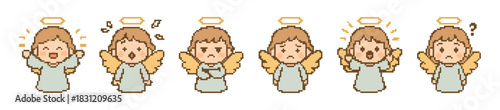 Collection of Pixel Art Angels Expressing Different Emotions on White Background