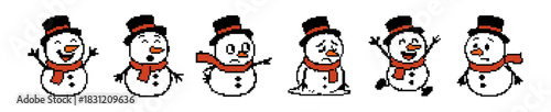 Pixel Snowmen Displaying Various Emotions Isolated on White Background