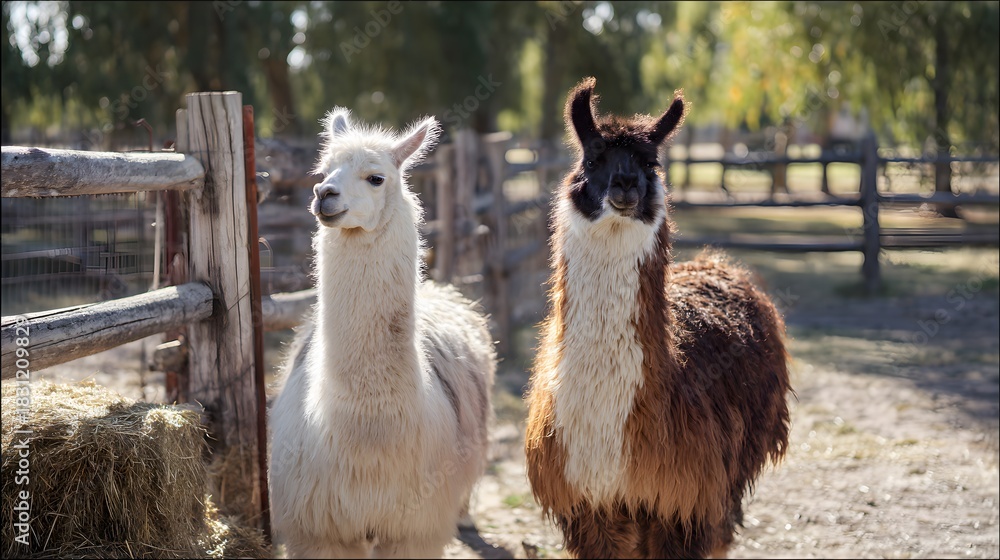 Fototapeta premium Gentle llamas bask in warm sunlight a peaceful rural farm scene evokes calm happiness