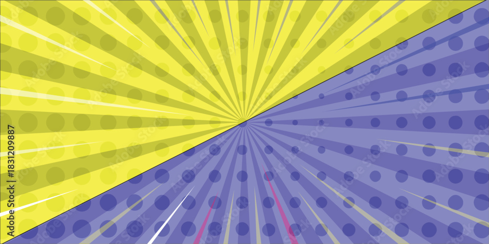 Obraz premium A dynamic split-background with a bright yellow sunburst on the left and a cool purple sunburst on the right, both featuring halftone dot patterns for a retro comic-style effect