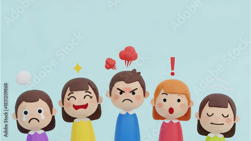 A colorful 3D illustration of cute cartoon characters expressing a wide range of human emotions with expressive visual effects