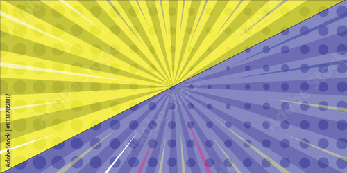 A dynamic split-background with a bright yellow sunburst on the left and a cool purple sunburst on the right, both featuring halftone dot patterns for a retro comic-style effect