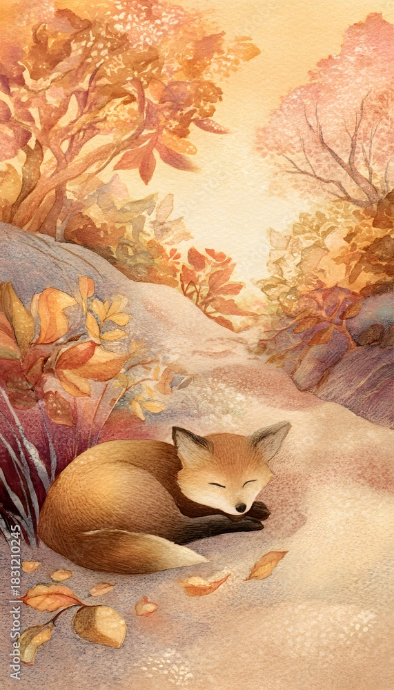Naklejka premium Cozy fox illustration captures autumn’s gentle beauty on a woodland nature trail scene