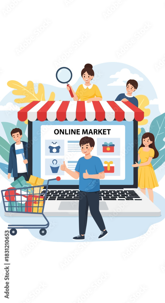 Fototapeta premium Online Market Illustration - Customers Shopping on a Laptop with Shopping Cart.