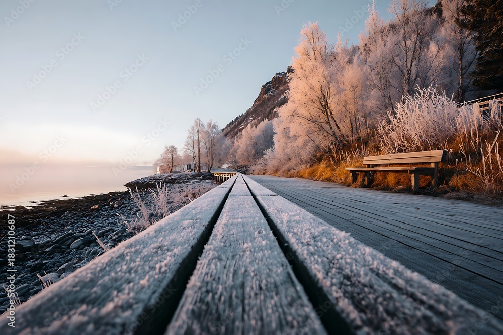 Fototapeta premium A serene winter landscape featuring a frost-covered wooden walkway and bench beside a calm body of water at sunrise.