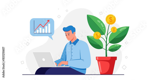 Man Analyzing Investment Growth on Laptop with Money Plant.