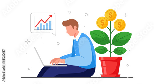 Man working on laptop with growing money plant and rising graph.