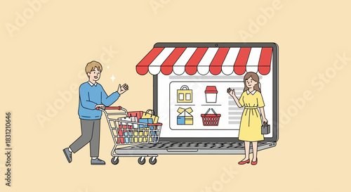Online Grocery Shopping with Laptop Storefront and Shoppers.