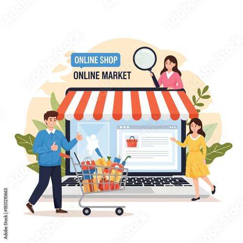 Online Shopping Concept with People and Laptop.