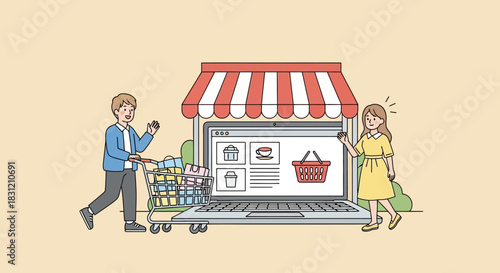 Online Shopping Experience with Laptop Storefront and Customers.