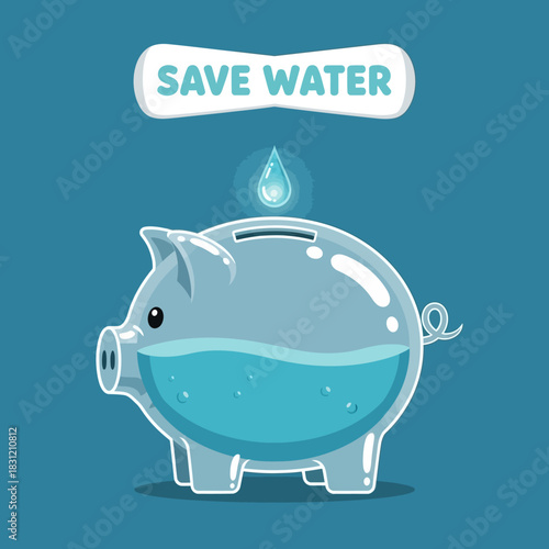 Save Water Piggy Bank Illustration with Water Drop.