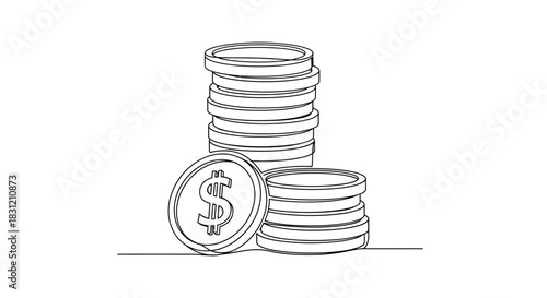 Stacks of Coins with Dollar Sign in Line Art Style.
