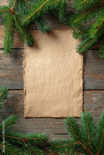 Festive Lettering Canvas. Blank Paper Framed by Natural Fir Branches on Rustic Wooden Table for Christmas Celebrations