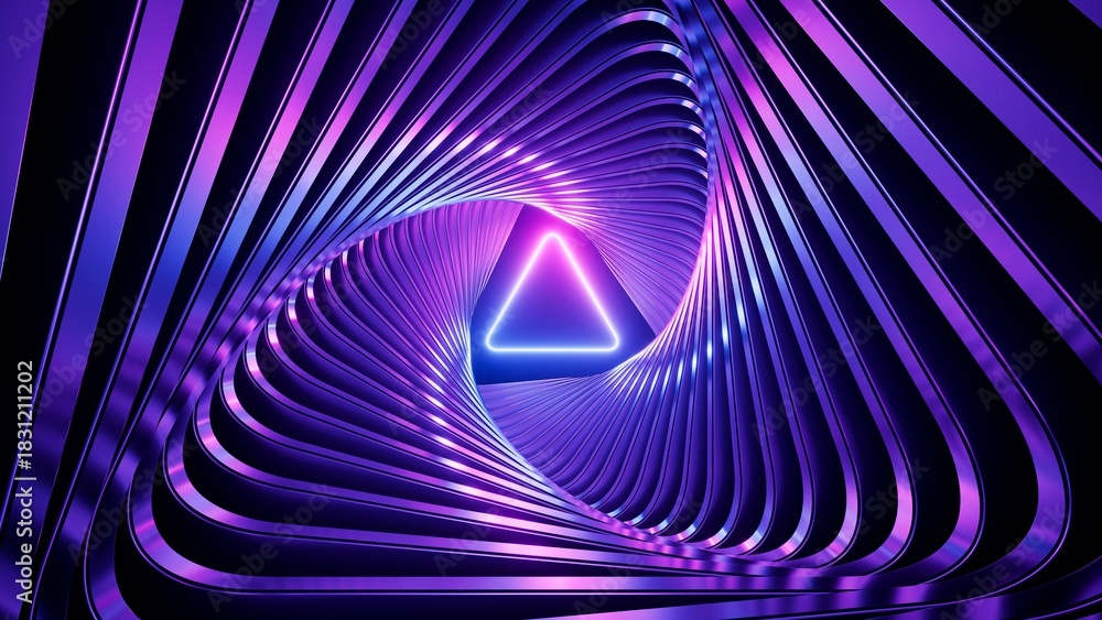 Fototapeta premium Abstract neon geometric background. Polished metallic frames twist and form a tunnel. Linear triangle glowing in ultraviolet spectrum