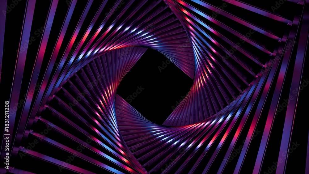 Fototapeta premium abstract futuristic background of metallic diaphragm illuminated with pink and blue neon light. Twisted metallic lines