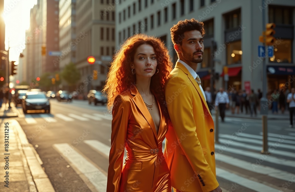 Obraz premium Stylish young couple stand on busy city street during golden hour. Woman has red curly hair, wears orange suit. Man wears yellow suit, looks serious. Urban fashion, modern lifestyle.