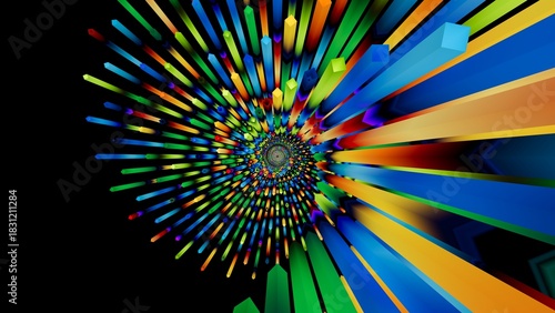 Fototapeta Naklejka Na Ścianę i Meble -  Abstract spiral of neon blocks in blue, yellow and green on black. Rotating 3D tunnel effect with vibrant colors. 3D render illustration.