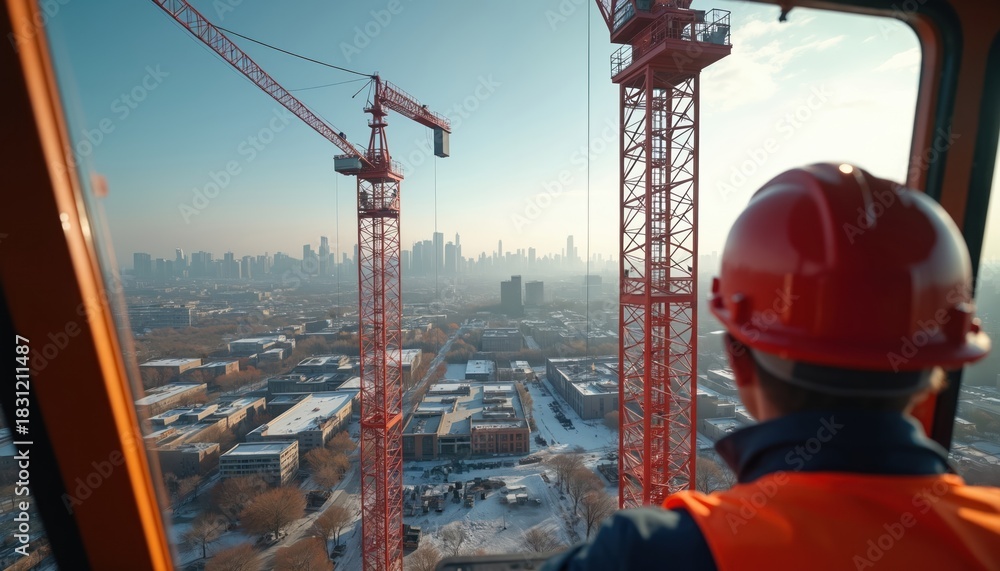 Obraz premium Crane operator observes cityscape from cabin. Person in hard hat oversees urban construction site. Tower cranes stand tall against skyline. Building activity takes place. Winter day with cold weather.