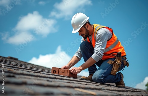 Wallpaper Mural Man in safety vest works on roof with brick. Builder wearing hard hat works on construction site. Roofer fixes tile on house exterior under blue sky. Torontodigital.ca