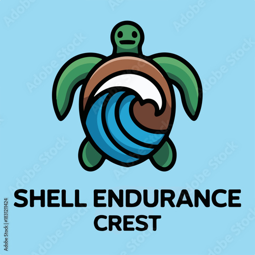 Shell Endurance Crest sea turtle emblem with wave spiral shell, resilient marine mascot logo badge, eco conservation branding vector illustration