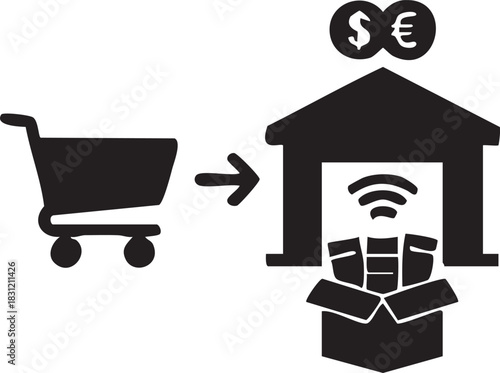 Modern vector illustration depicting the essential elements of e-commerce. Ideal for online shop branding, delivery services, and digital payment processes. Fully editable graphic.