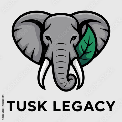 Tusk Legacy elephant head logo with grand tusks and leaf accent, noble wildlife crest emblem, conservation themed vector illustration for branding