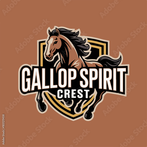 Gallop Spirit Crest stallion mascot shield, running horse with flowing mane, bold equine team logo badge, western sports branding vector illustration