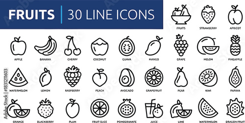 fruit, icon, line art, apple, banana, cherry, coconut, guava, mango, grape, melon, pineapple, watermelon, lemon, raspberry, peach, avocado, grapefruit, pear, kiwi, papaya, orange, blackberry, plum, fr