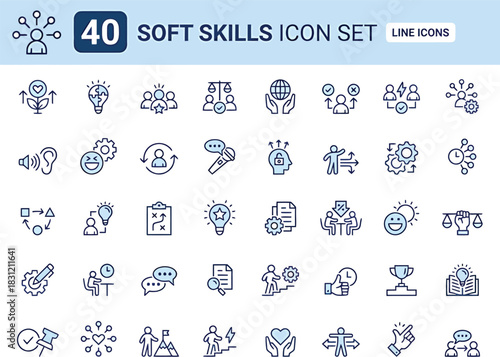 soft skills, icon set, line icons, communication, teamwork, leadership, problem solving, creativity, critical thinking, emotional intelligence, adaptability, time management, decision making, collabor