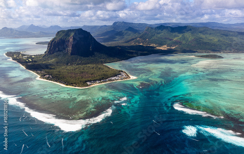 Aerial view of the famous underwater waterfall in Mauritius