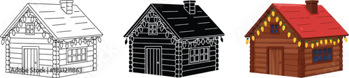 Festive log cabin illustration set featuring outline, silhouette, and colorful versions adorned with decorative string lights for holiday themes