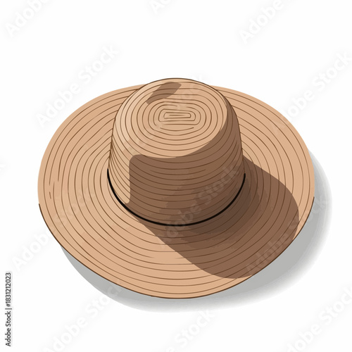 Vector of a straw sun hat with a wide brim sits on a white surface casting a subtle shadow below the hat shape