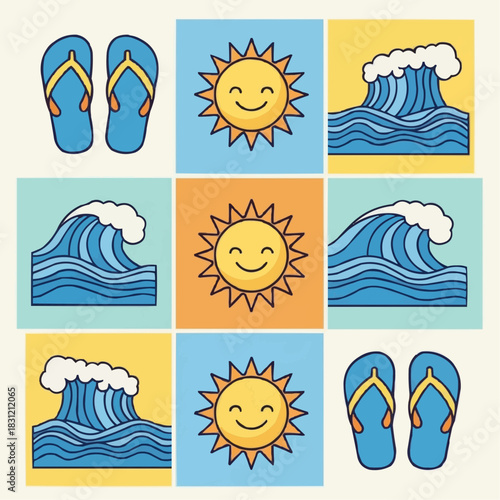 Vector of beach themed icons including flip flops suns and ocean waves in a square grid pattern