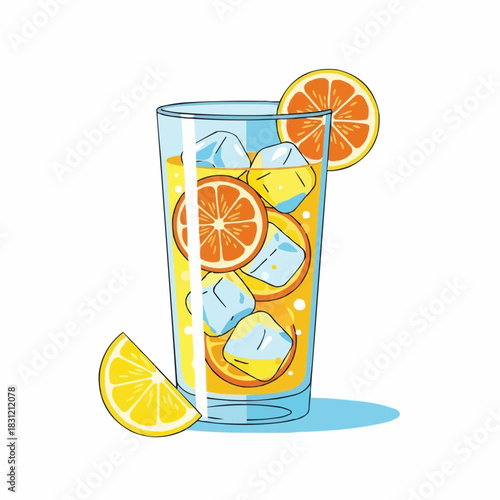 Vector of a tall glass filled with orange juice ice cubes and orange slices on white background