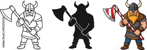 Cartoon viking warrior with horned helmet and long beard holding an axe, standing ready for battle, depicted in color, outline, and silhouette styles