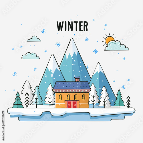 A lovely, fairy-tale winter scene in a bright cartoon/doodle style. In the middle is a cozy little yellow house with a blue roof and red door, with smoke coming out of the chimney.