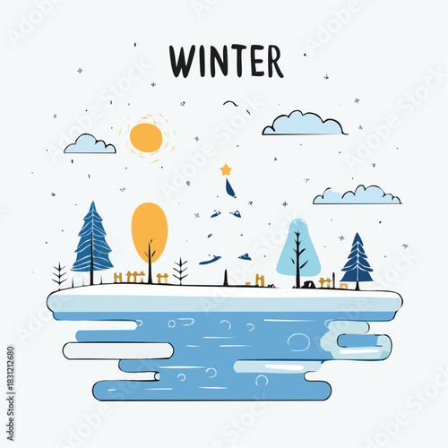 A delicate, minimalist winter fairy tale in a soft cartoon style with the caption “WINTER.” A snowy landscape with a frozen lake/river.