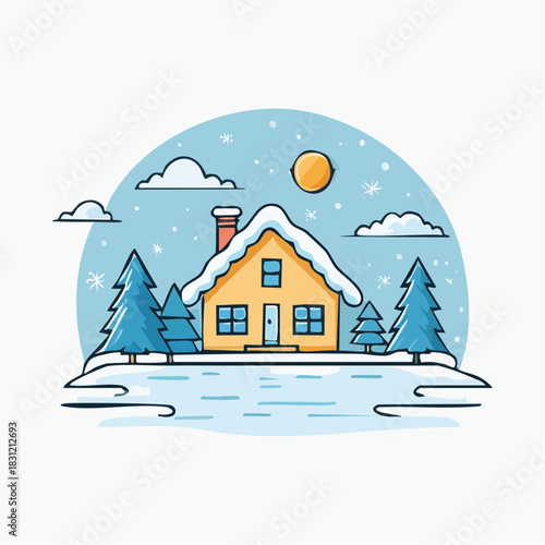 A fairy-tale winter cottage on a sunny day. Perfect for children's cards, calendars, winter decorations, packaging, etc.