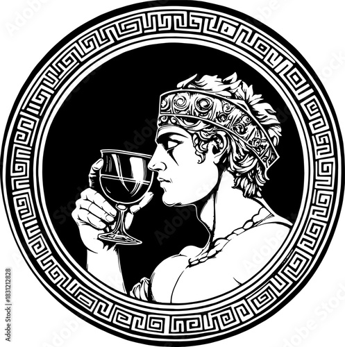 Dionysus Wine God Logo Vector, Classical Greek Emblem, Bacchus Drinking Cup Symbol Design engraving