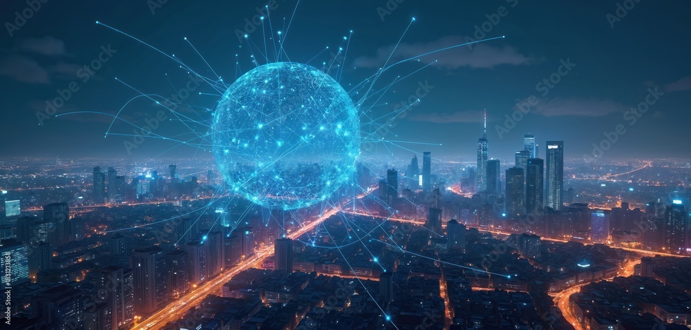 Fototapeta premium Global digital network connects futuristic city skyscrapers. Bright lines form sphere over illuminated urban landscape, data flow. Smart city tech, innovation concept.