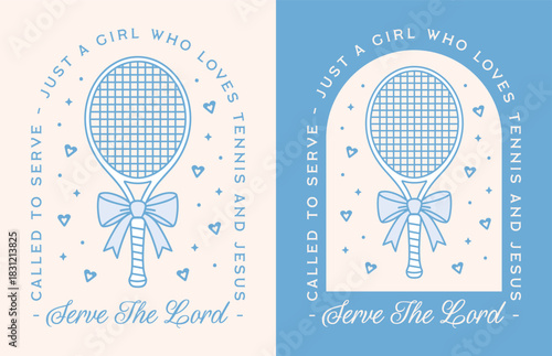 Tennis christian funny quotes serve the Lord pun for religious athlete women sport player just a girl shirt design. Bible verse retro preppy pastel blue aesthetic text art lettering card poster print.