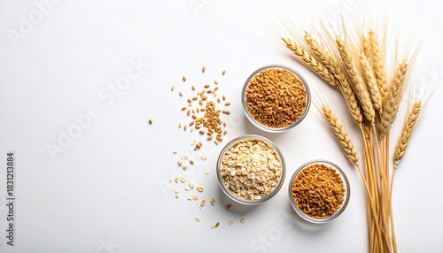 Healthy grains and wheat ears composition against a white backdrop for various uses
