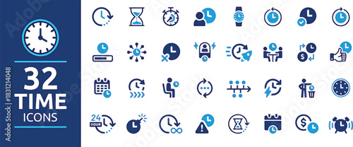 time, clock, icon, set, collection, graphic, illustration, vector, flat design, blue, white, modern, simple, clean, watch, hourglass, stopwatch, timer, alarm clock, calendar, schedule, deadline, punct