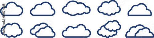 cloud, clouds, sky, weather, data, storage, technology, network, internet, digital, abstract, shape, outline, icon, symbol, graphic design, blue, white background, set, collection, multiple, variation
