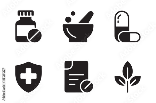 Collection of medical and pharmacy icons in black and white