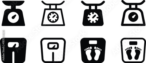 scale, weighing, icon, weight, measurement, balance, kitchen scale, bathroom scale, digital scale, analog scale, silhouette, design, vector, collection, set, graphic, element, simple, modern, flat, is
